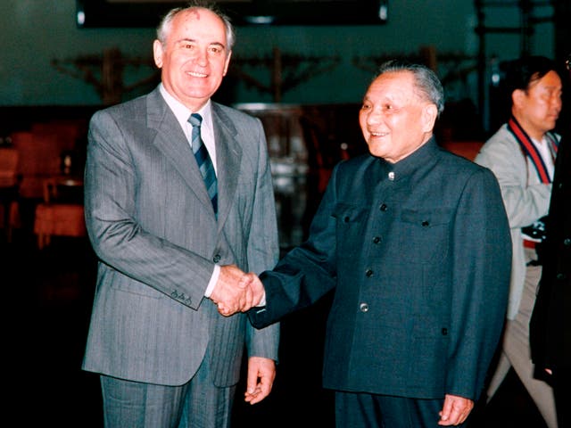 <p>Gorbachev with Deng Xiaoping, the Chinese leader at the time, in Beijing in 1989</p>