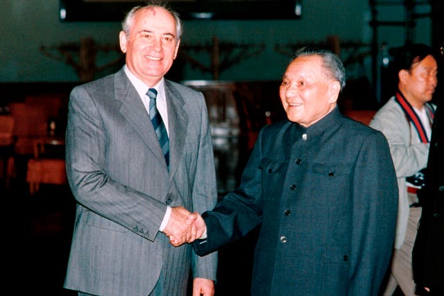 <p>Gorbachev with Deng Xiaoping, the Chinese leader at the time, in Beijing in 1989</p>
