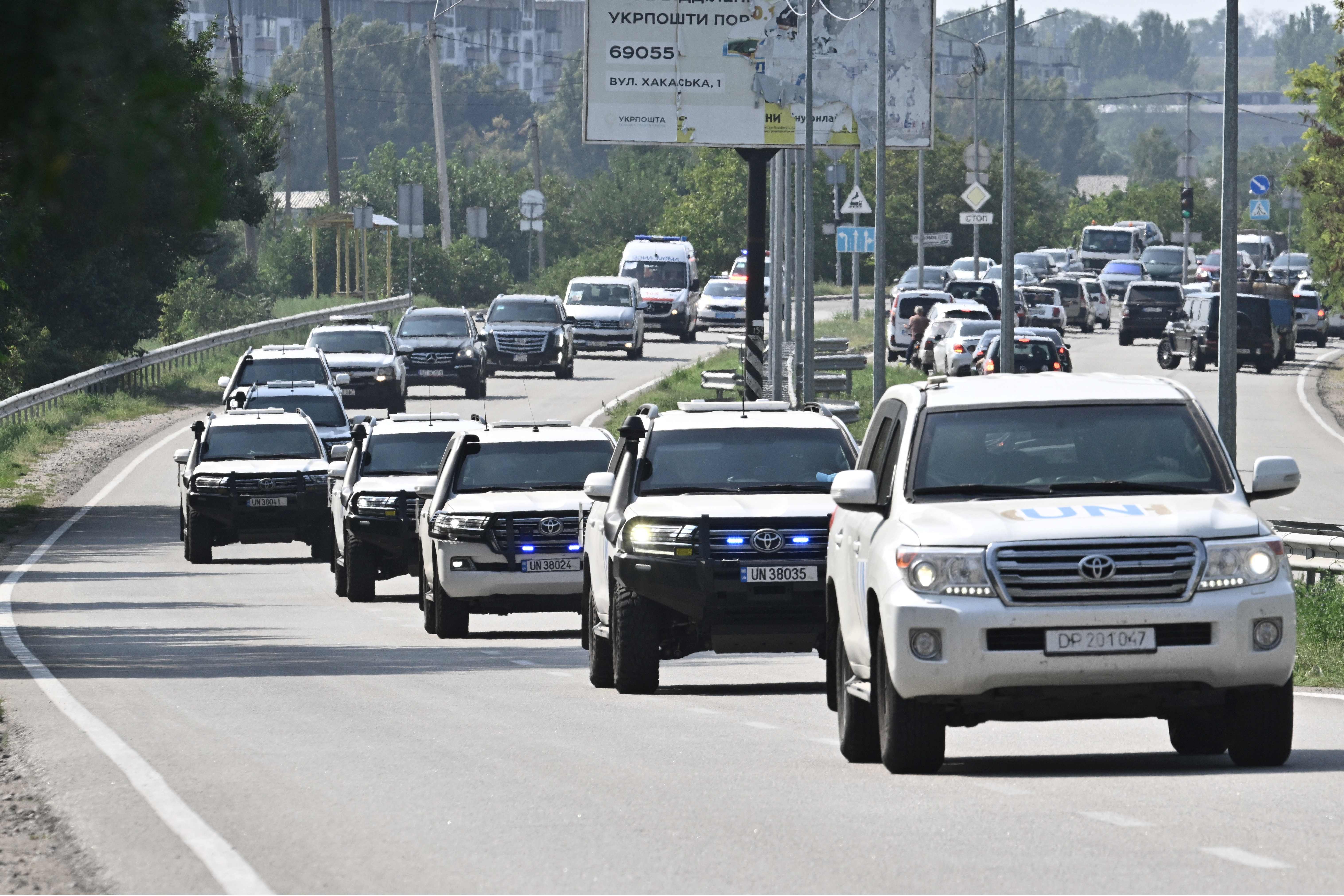 IAEA nuclear inspectors are escorted to the Zaporizhzhia site by UN vehicles on Wednesday