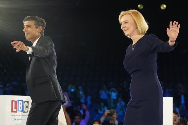 Rishi Sunak and Liz Truss during a hustings event at Wembley Arena, London (Stefan Rousseau/PA)