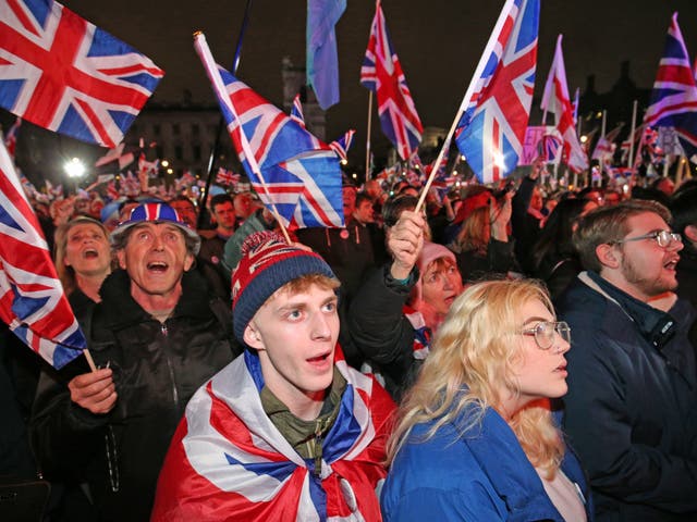 <p>Pro-Brexit supporters in Parliament Square on 31 January 2020, the day the UK officially left the EU </p>
