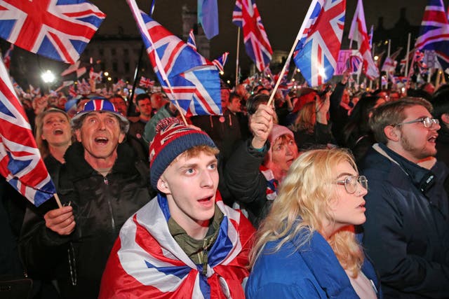<p>Pro-Brexit supporters in Parliament Square on 31 January 2020, the day the UK officially left the EU </p>