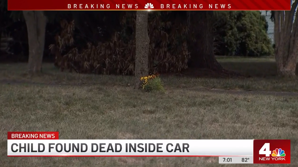 A single bouquet of flowers is seen at a makeshift memorial outside the New Jersey family home where a toddler was found dead in the backseat of their parked car
