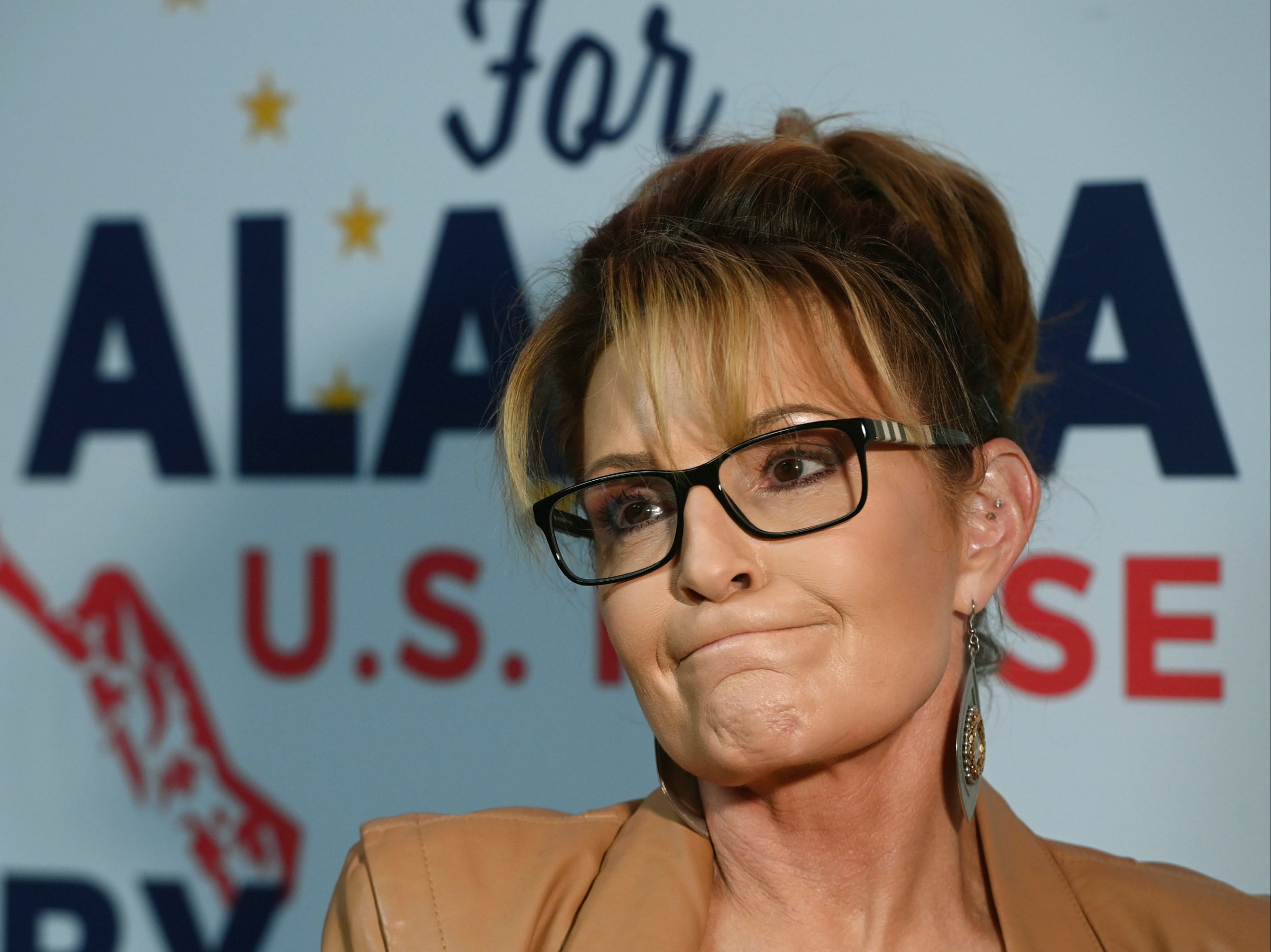 <p>U.S. House candidate Sarah Palin speaks to the media at her campaign headquarters in South Anchorage, Alaska, after the rank choice ballots were counted on Wednesday, Aug. 31, 2022</p>