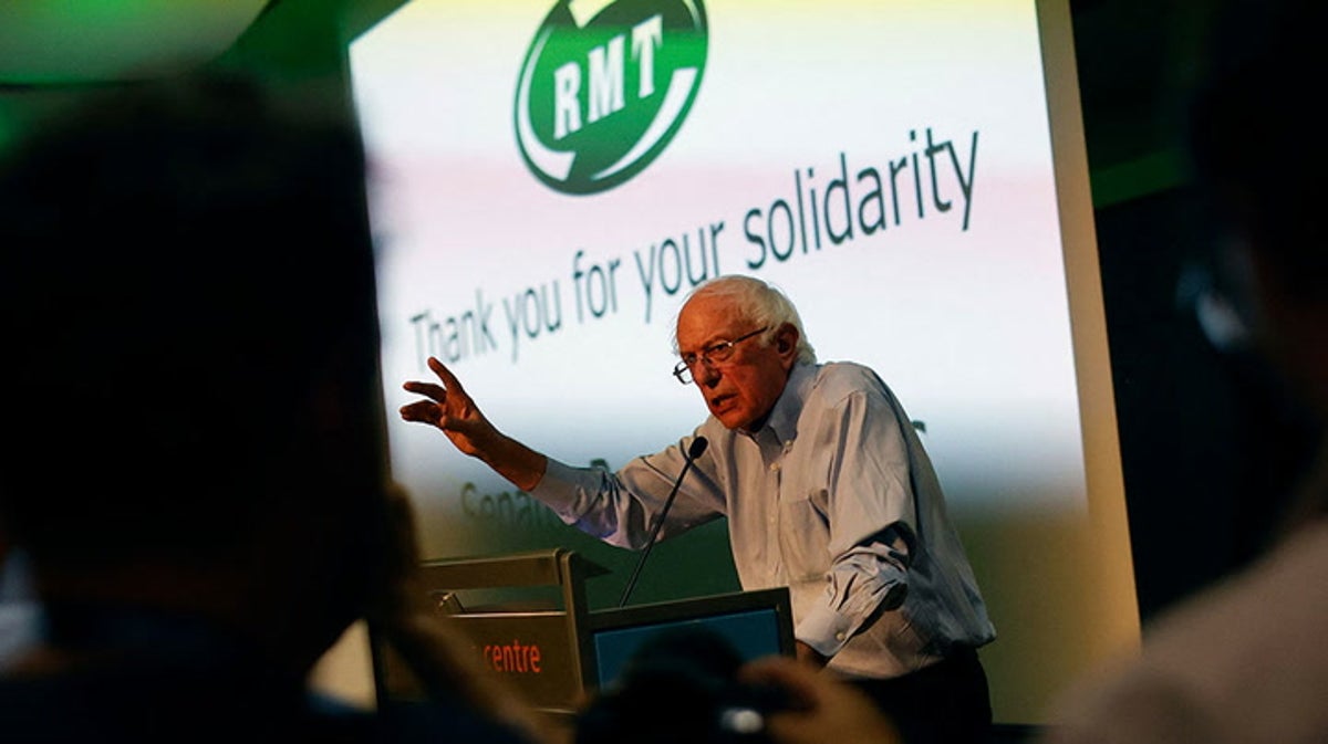 Bernie Sanders backs RMT strikes in London rally address