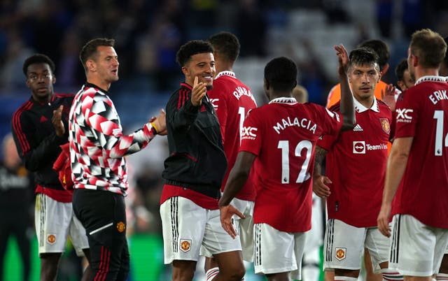 Manchester United’s Jadon Sancho and team-mates after the Premier League match at the King Power Stadium, Leicester. Picture date: Thursday September 1, 2022.