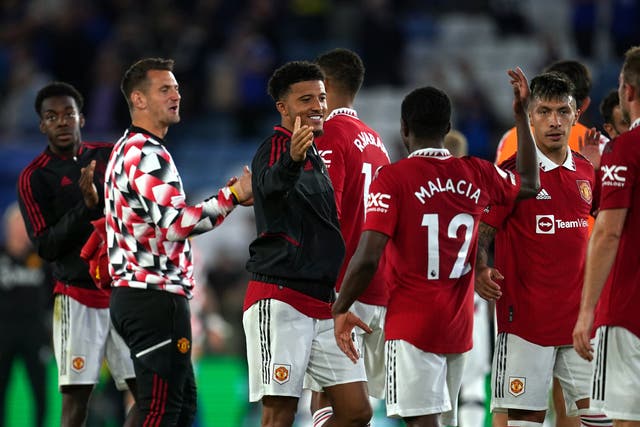 Manchester United’s Jadon Sancho and team-mates after the Premier League match at the King Power Stadium, Leicester. Picture date: Thursday September 1, 2022.