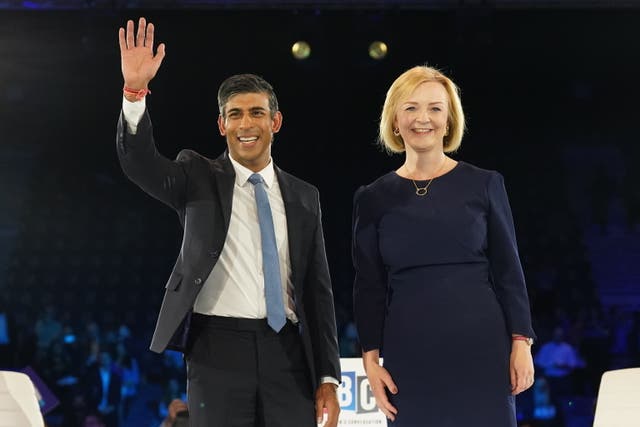 Rishi Sunak and Liz Truss during a hustings event at Wembley Arena, London, as part of their campaign to be leader of the Conservative Party and the next prime minister (Stefan Rousseau/PA)