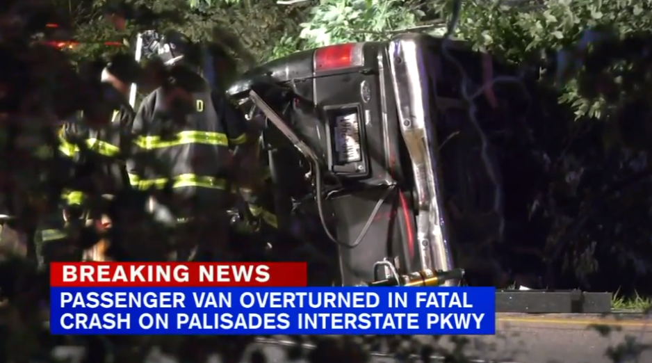 An early morning crash on the Palisades Interstate Parkway in Englewood Cliffs, New Jersey left at least four people dead and eight injured when a passenger van flipped and landed in the center median