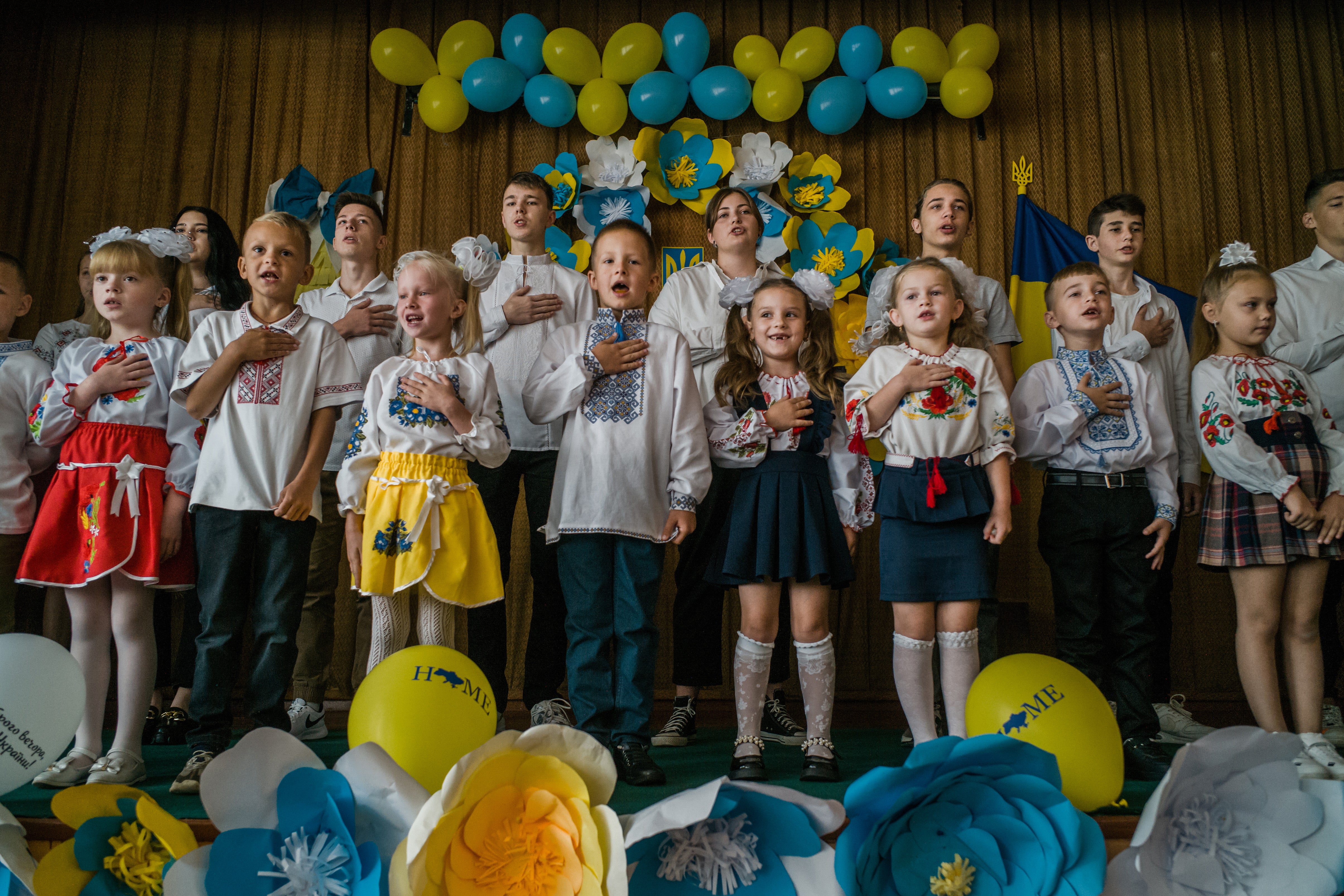 <p>Students during an official ceremony marking the start of the school year in Nove Zalissya</p>