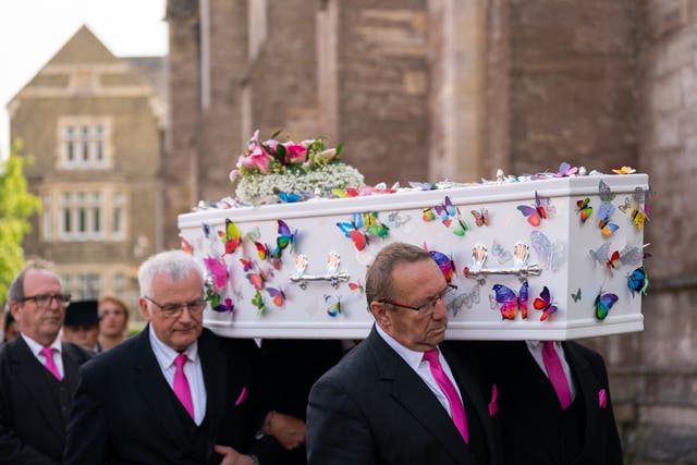 The coffin of nine-year-old stabbing victim Lilia Valutyte is carried into St Botolph’s Church in Boston, Lincolnshire (Joe Giddens/PA)