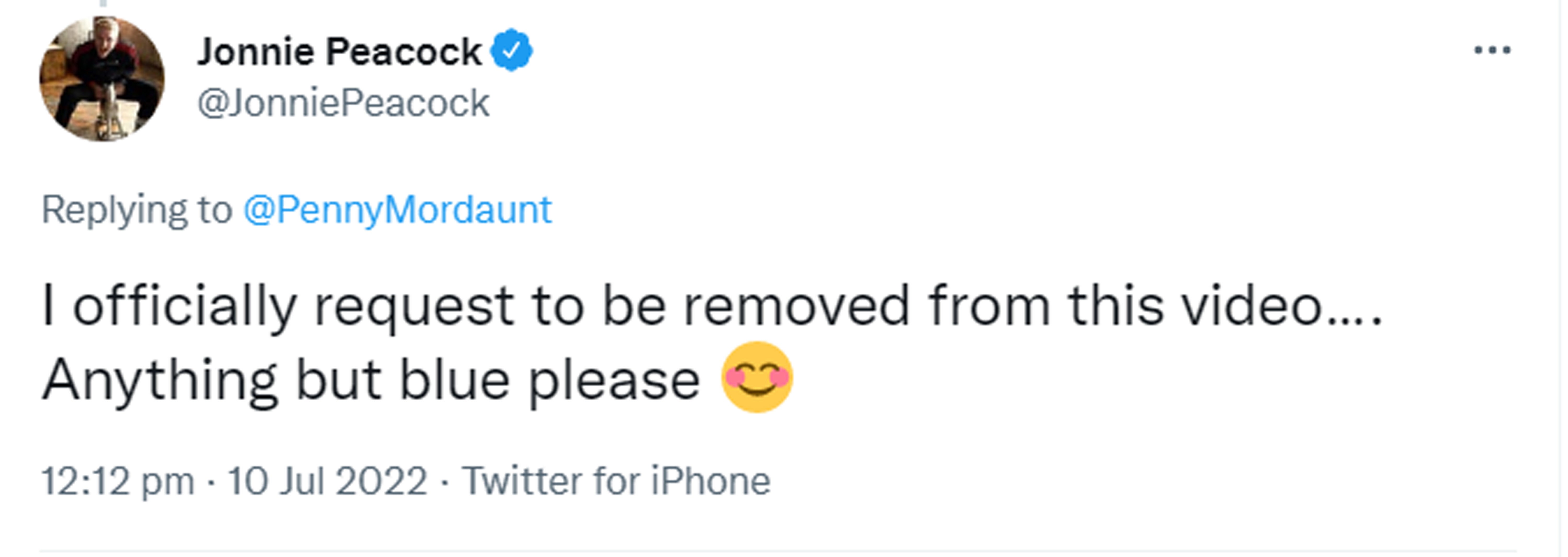 Screen grab from the Twitter feed of Jonnie Peacock asking Penny Mordaunt to remove him from her launch video (Jonnie Peacock/Twitter/PA)