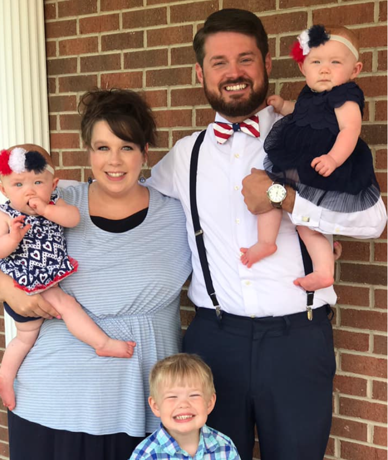 Ryan and Megan Marlow with their son Levi, below, and twin daughters Caroline and Olivia
