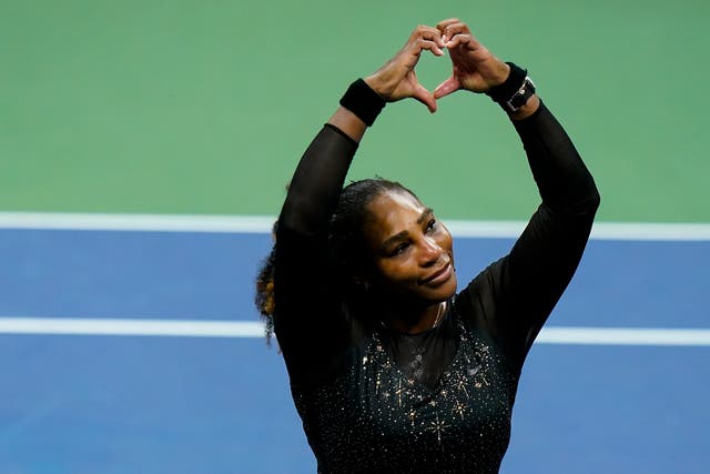 <p>Serena Williams, of the United States, motions a heart to fans after her farewell game </p>
