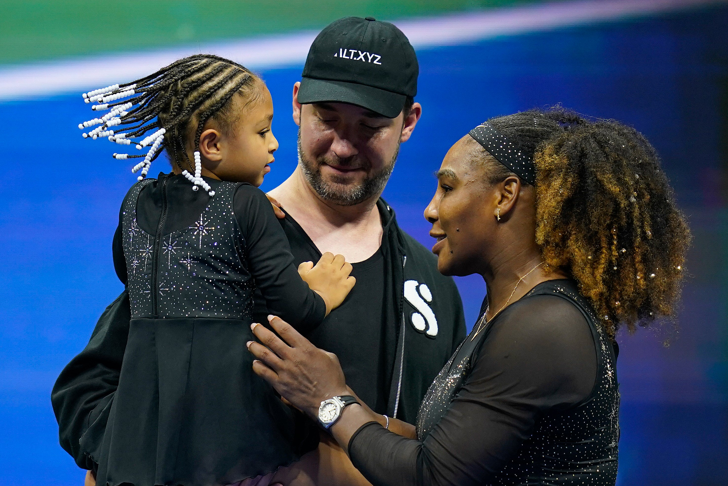 Serena Williams talks with her daughter Olympia and husband Alexis Ohanian (Charles Krupa/AP)