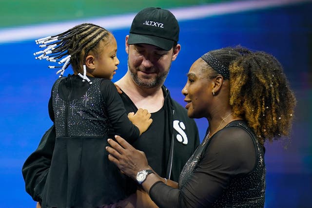 <p>Serena Williams talks with her daughter Olympia and husband Alexis Ohanian (Charles Krupa/AP)</p>
