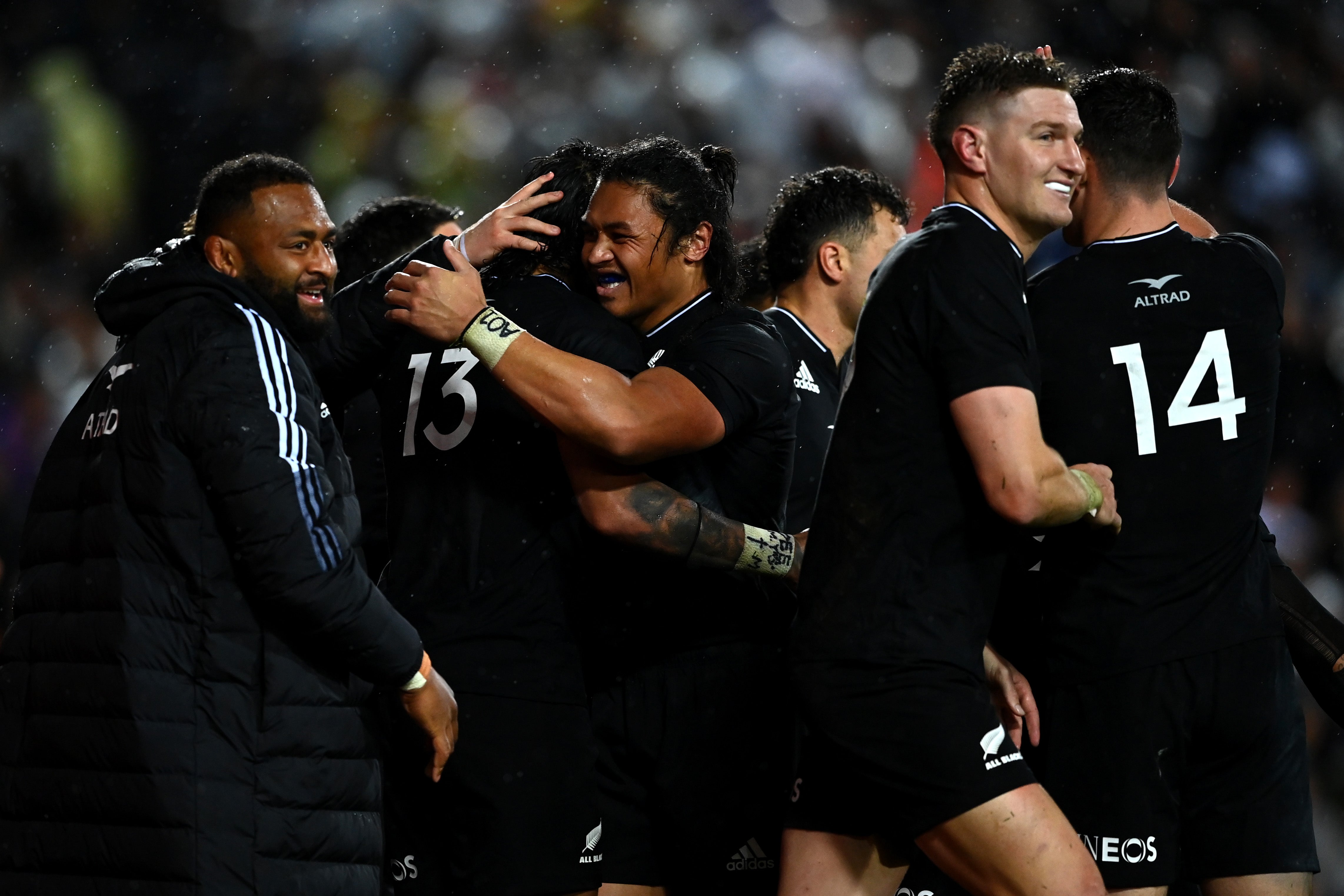 Rieko Ioane of the All Blacks celebrates after scoring a try