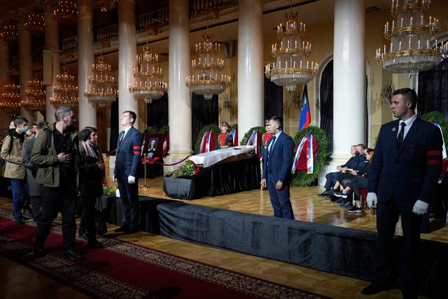 <p>The coffin of former Soviet president Mikhail Gorbachev during a ceremony in Moscow on Saturday </p>