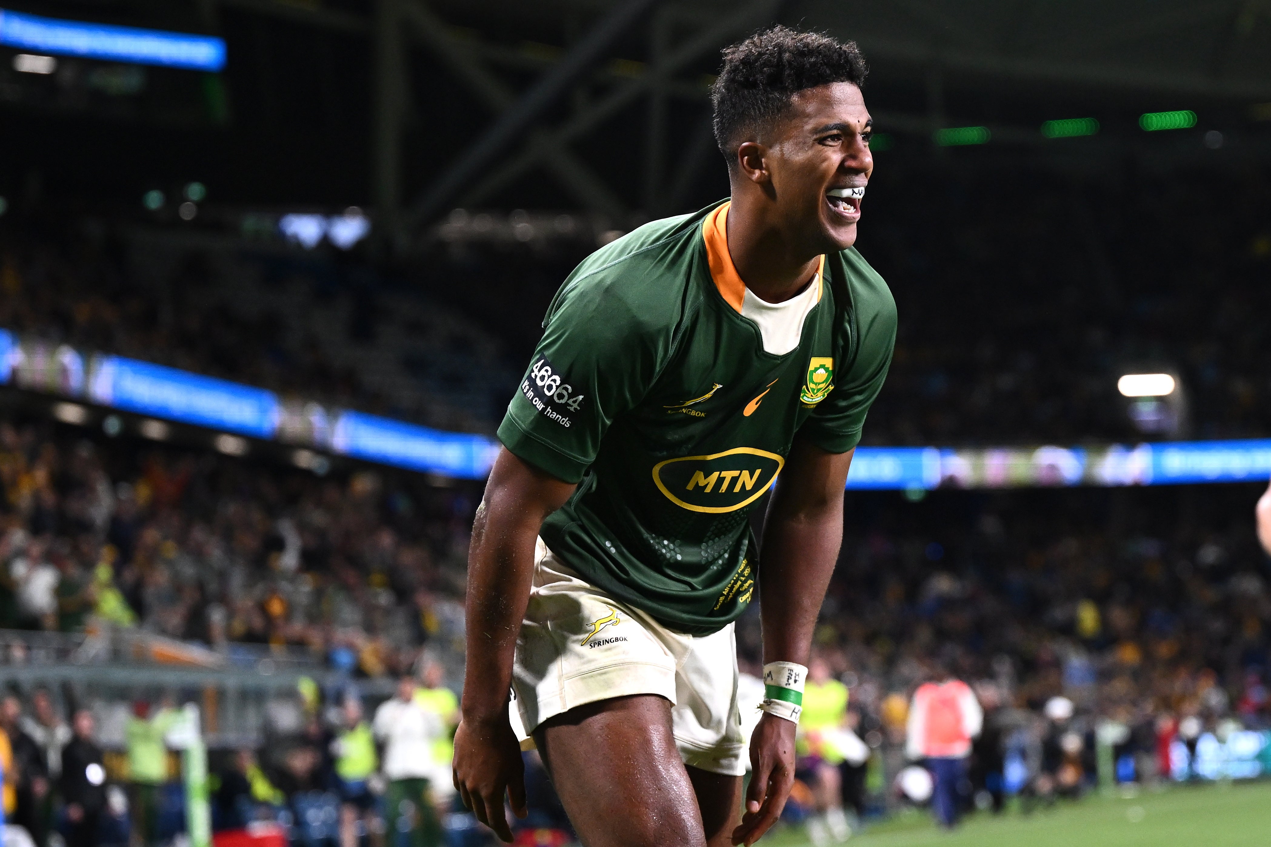 Canan Moodie celebrates scoring a debut try for the Springboks