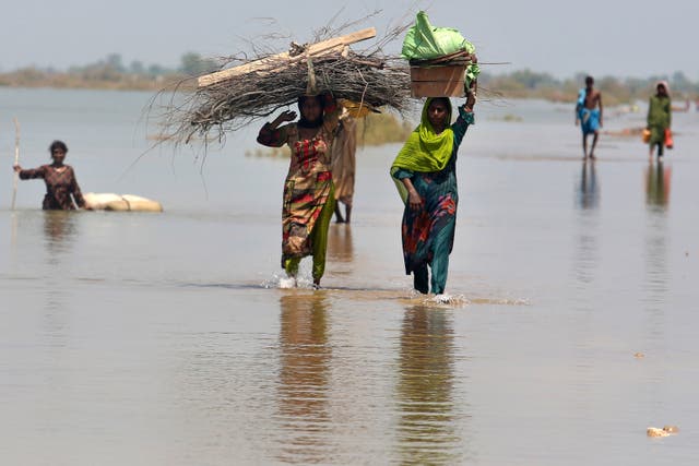 <p>Residents of Qambar Shahdadkot district in Sindh Province search for higher ground</p>