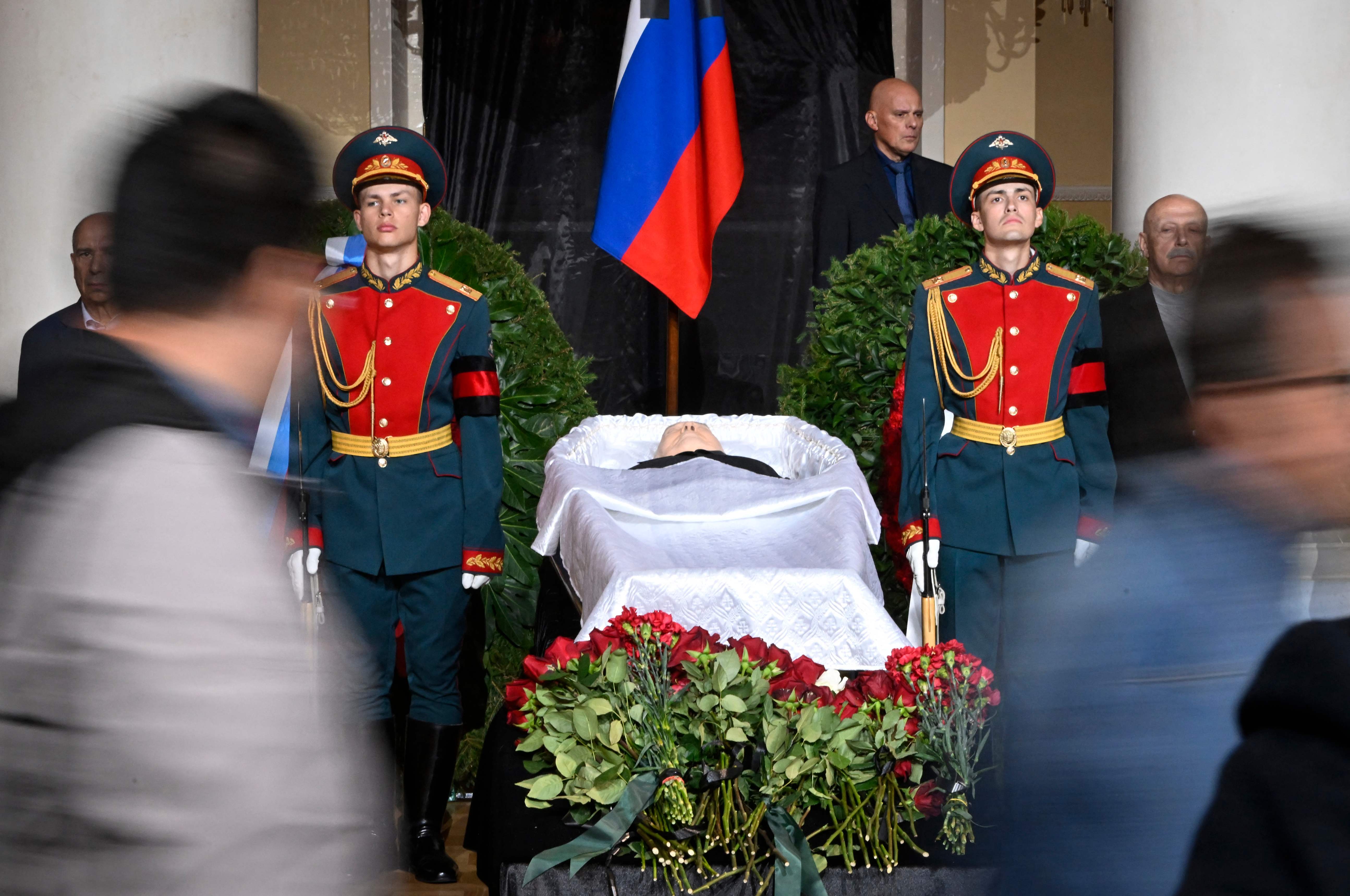 Guards stand by the coffin of the former Soviet leader