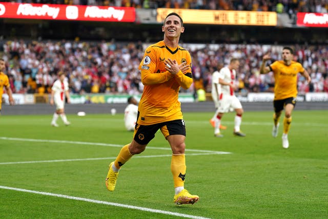 Daniel Podence celebrates scoring for Wolves against Southampton (Tim Goode/PA)
