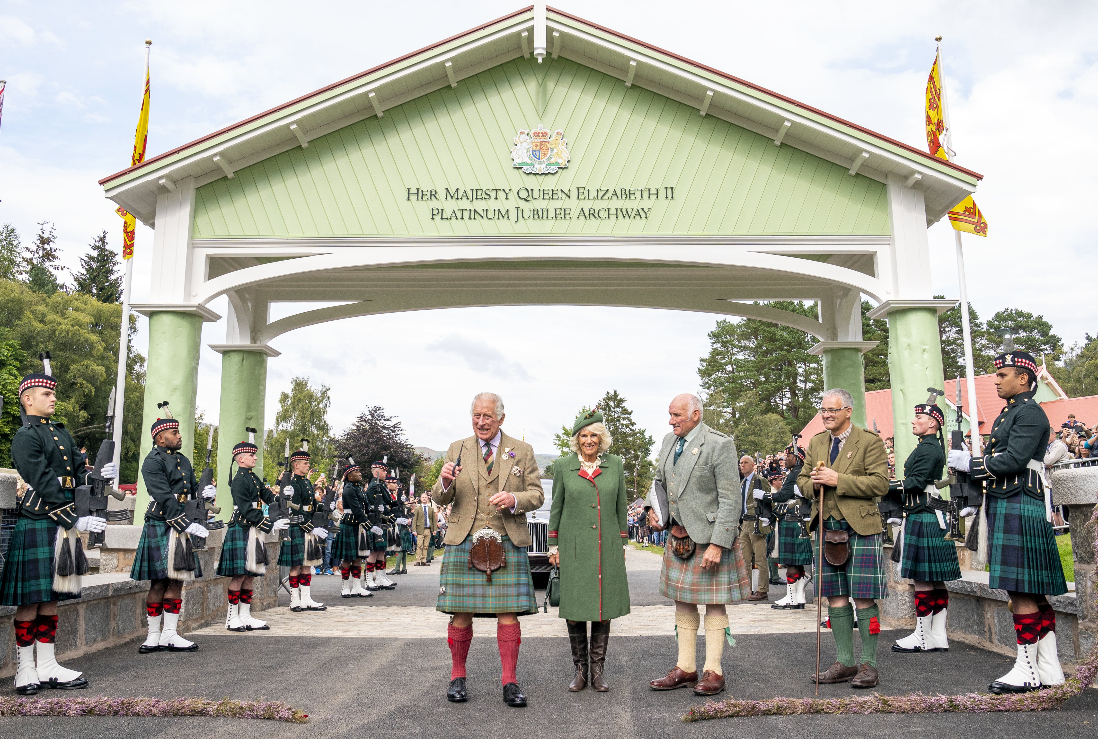 Charles and Camilla officially opened the Queen Elizabeth Platinum Jubilee Archway during the Braemar Royal Highland Gathering (Jane Barlow/PA)