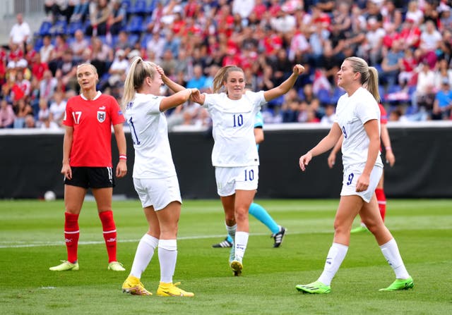 England’s Alessia Russo (right) celebrates with her team-mates (John Walton/PA)