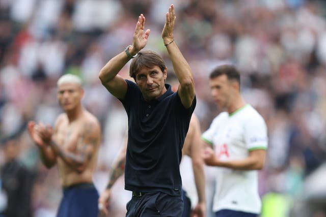Antonio Conte applauds Tottenham’s supporters after a 2-1 win over Fulham (Ian Walton/AP/PA)