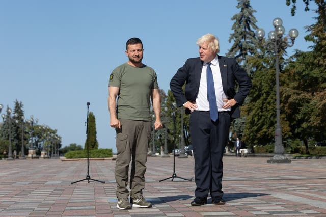 <p>Volodymyr Zelensky and Boris Johnson in Kyiv last year </p>