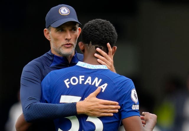 <p>Chelsea’s head coach Thomas Tuchel hugs Wesley Fofana</p>