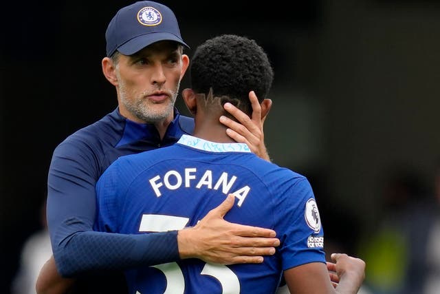 <p>Chelsea’s head coach Thomas Tuchel hugs Wesley Fofana</p>