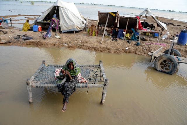 <p>A woman sits near her belongings surrounded by floodwaters, in Sohbat Pur city, a district of Pakistan's southwestern Baluchistan</p>