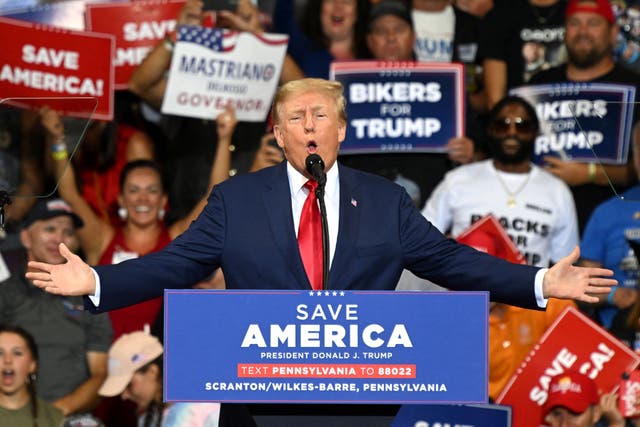 <p>Former US President Donald Trump speaks during a campaign rally in support of Doug Mastriano for Governor and Mehmet Oz for US Senate at Mohegan Sun Arena in Wilkes-Barre, Pennsylvania, on September 3, 2022. (Photo by Ed JONES / AFP) (Photo by ED JONES/AFP via Getty Images)</p>