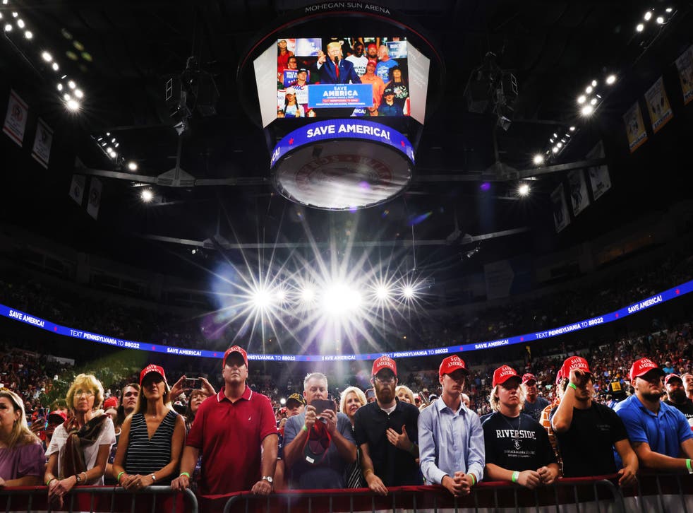 <p>Former president Donald Trump speaks to supporters at a rally to support local candidates in Wilkes-Barre, Pennsylvania</p>
