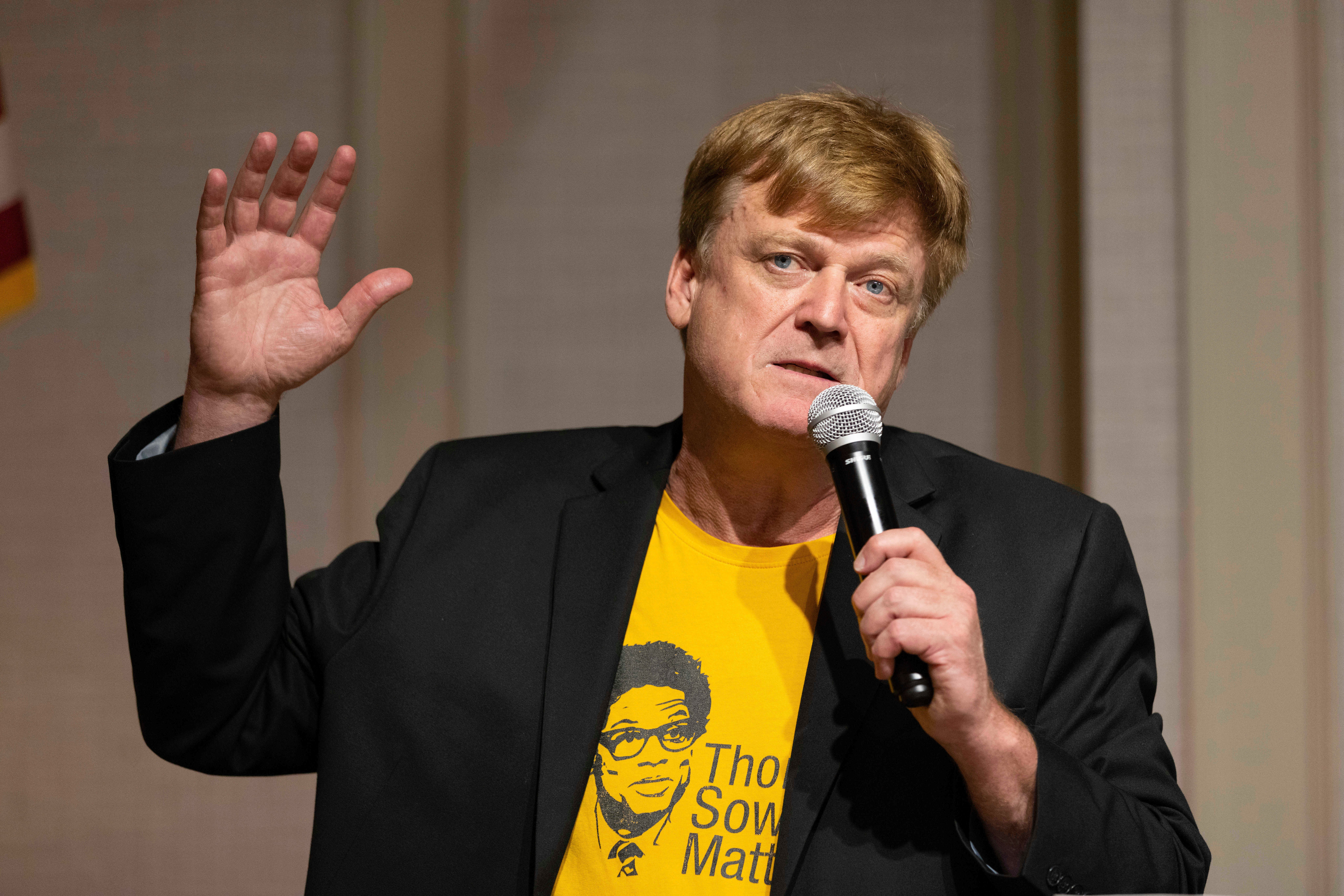 Patrick Byrne speaks during a panel discussion at the Nebraska Election Integrity Forum on 27 August, 2022