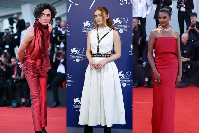 <p>(left to right) Timothee Chalamet, Sadie Sink and Simone Ashley attend the 2022 Venice Film Festival</p>