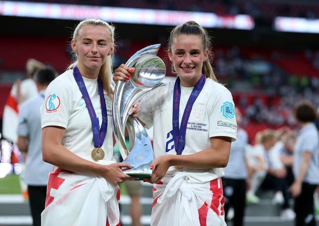 <p>England’s Chloe Kelly (left) and Ella Toone were England’s goalscorers against Germany this summer</p>