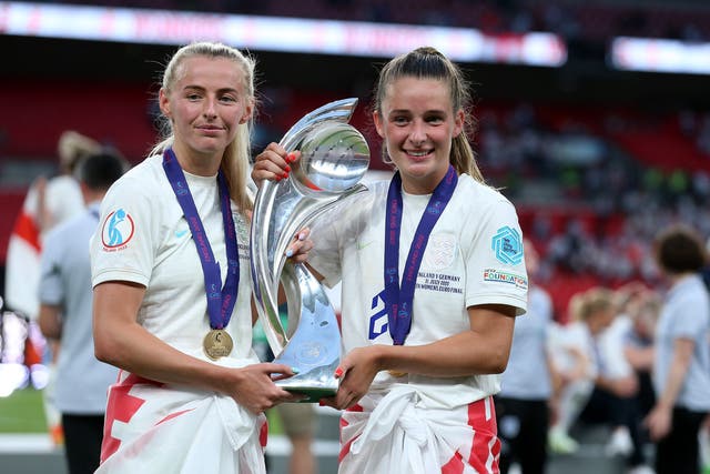 <p>England’s Chloe Kelly (left) and Ella Toone were England’s goalscorers against Germany this summer</p>