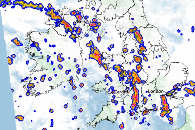 Thunderstorms pictures across southern and central parts of the UK at 10pm on Monday night (Met Office/PA)