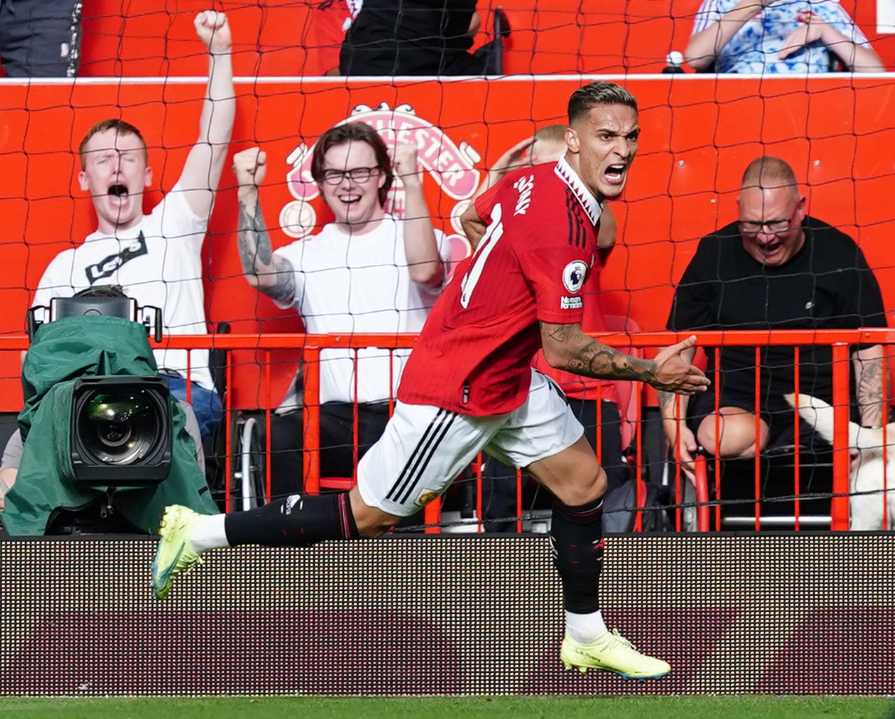 Antony celebrates a debut goal for Manchester United (Martin Rickett/PA)