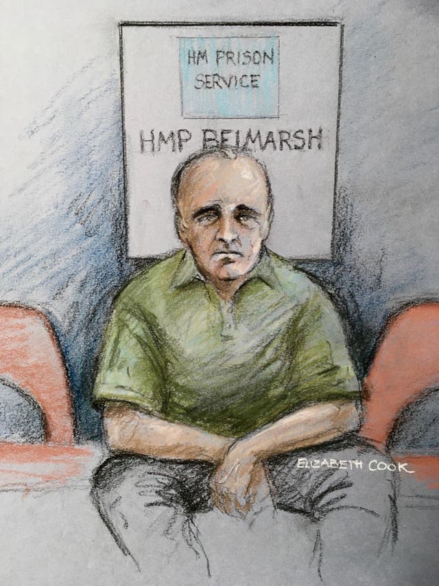 Court artist sketch of David Smith appearing via video link at the Old Bailey (Elizabeth Cook/PA)