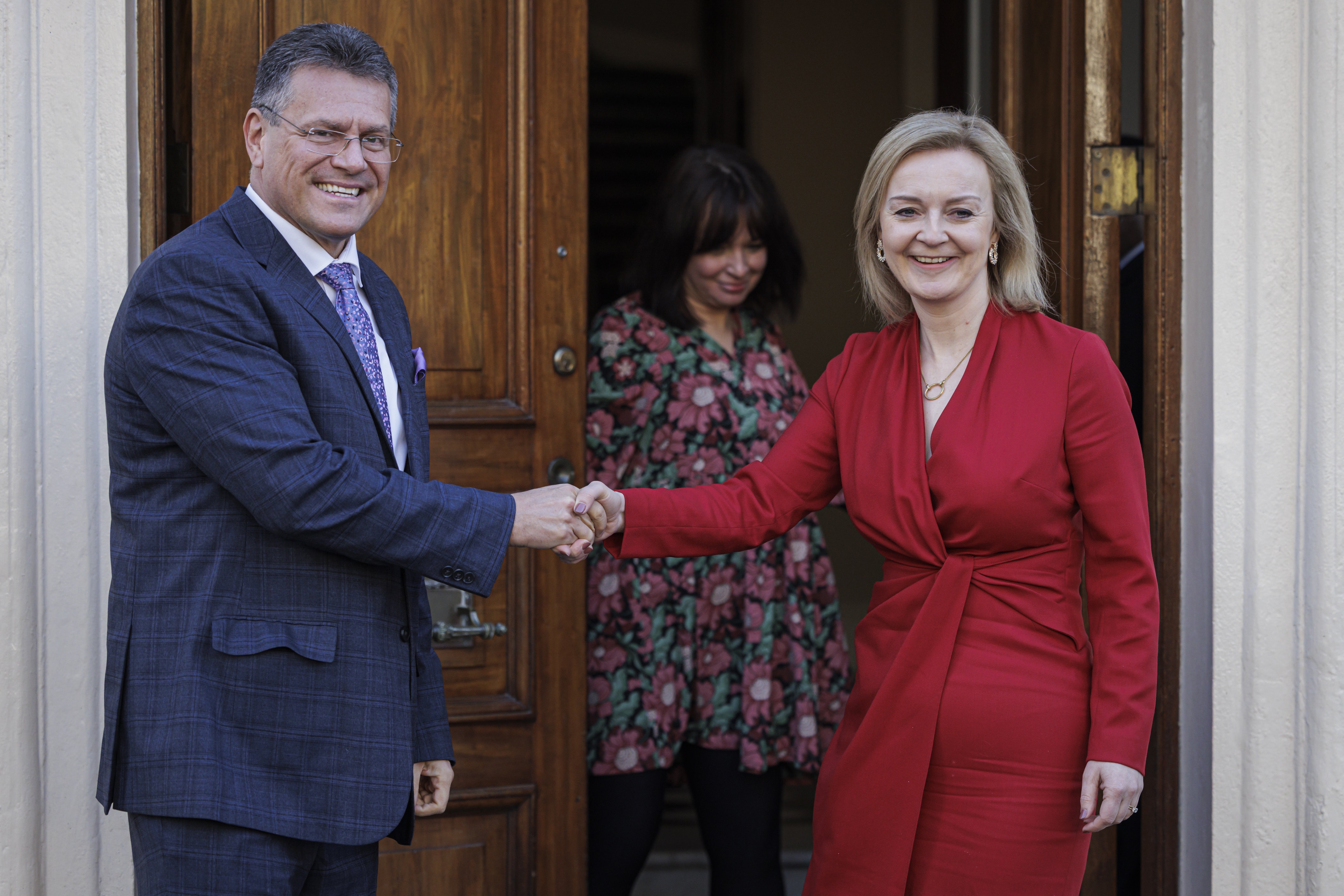 Foreign Secretary Liz Truss meeting European Commission vice-president Maros Sefcovic (Rob Pinney/PA)