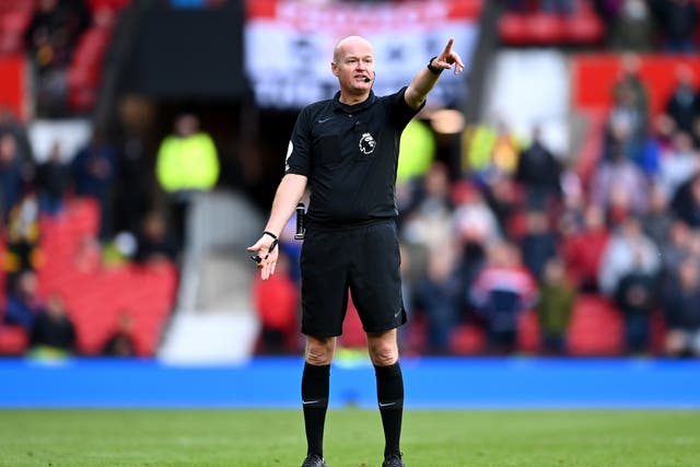 Lee Mason. pictured refereeing the Manchester United v Fulham match in May 2021, will not serve as a VAR at the weekend (Laurence Griffiths/PA)