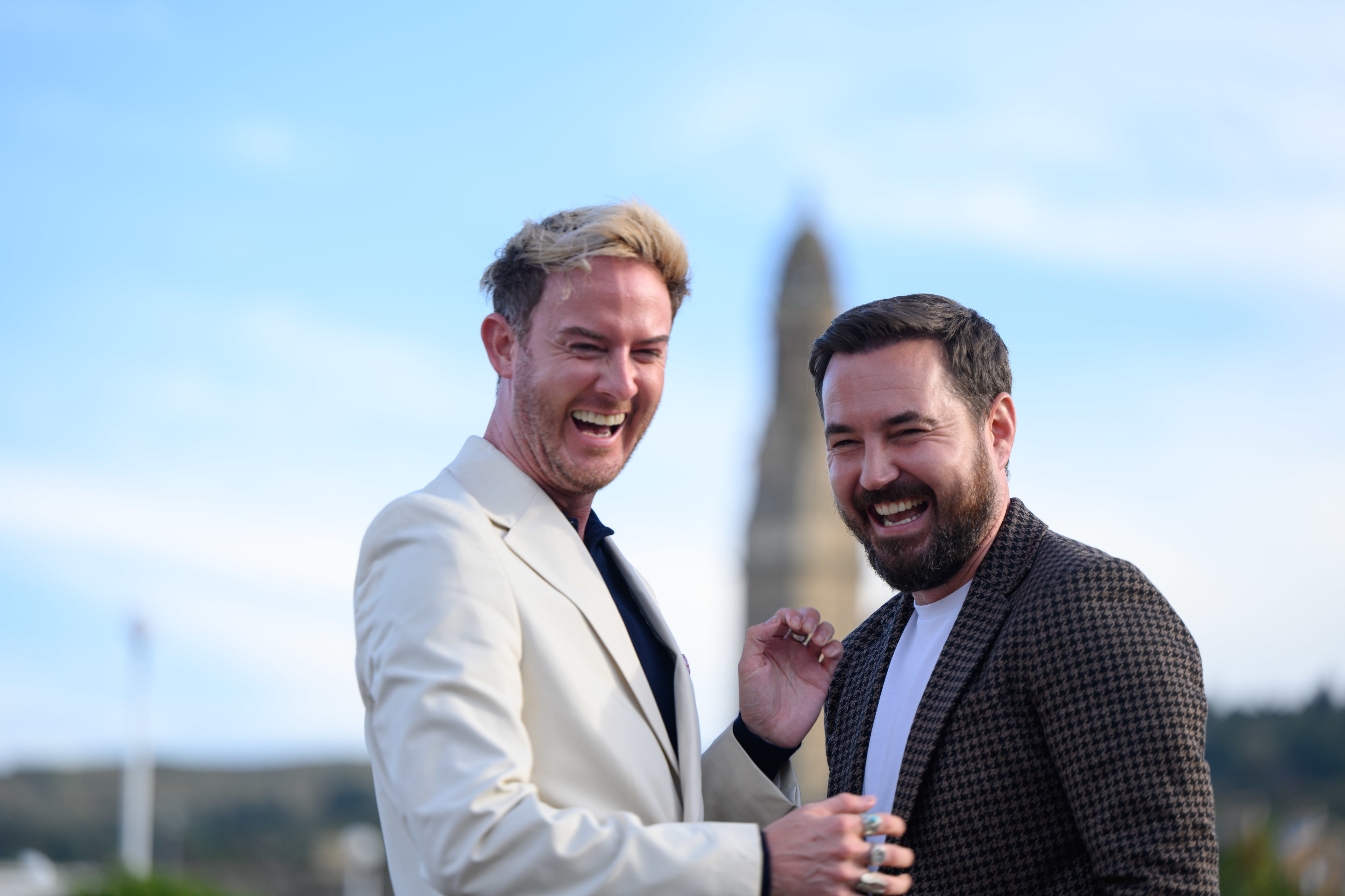 Phil MacHugh (left) and Martin Compston at the Waterfront Cinema in Greenock ahead of the preview of their new series, Martin Compston’s Scottish Fling. (John Linton/PA)