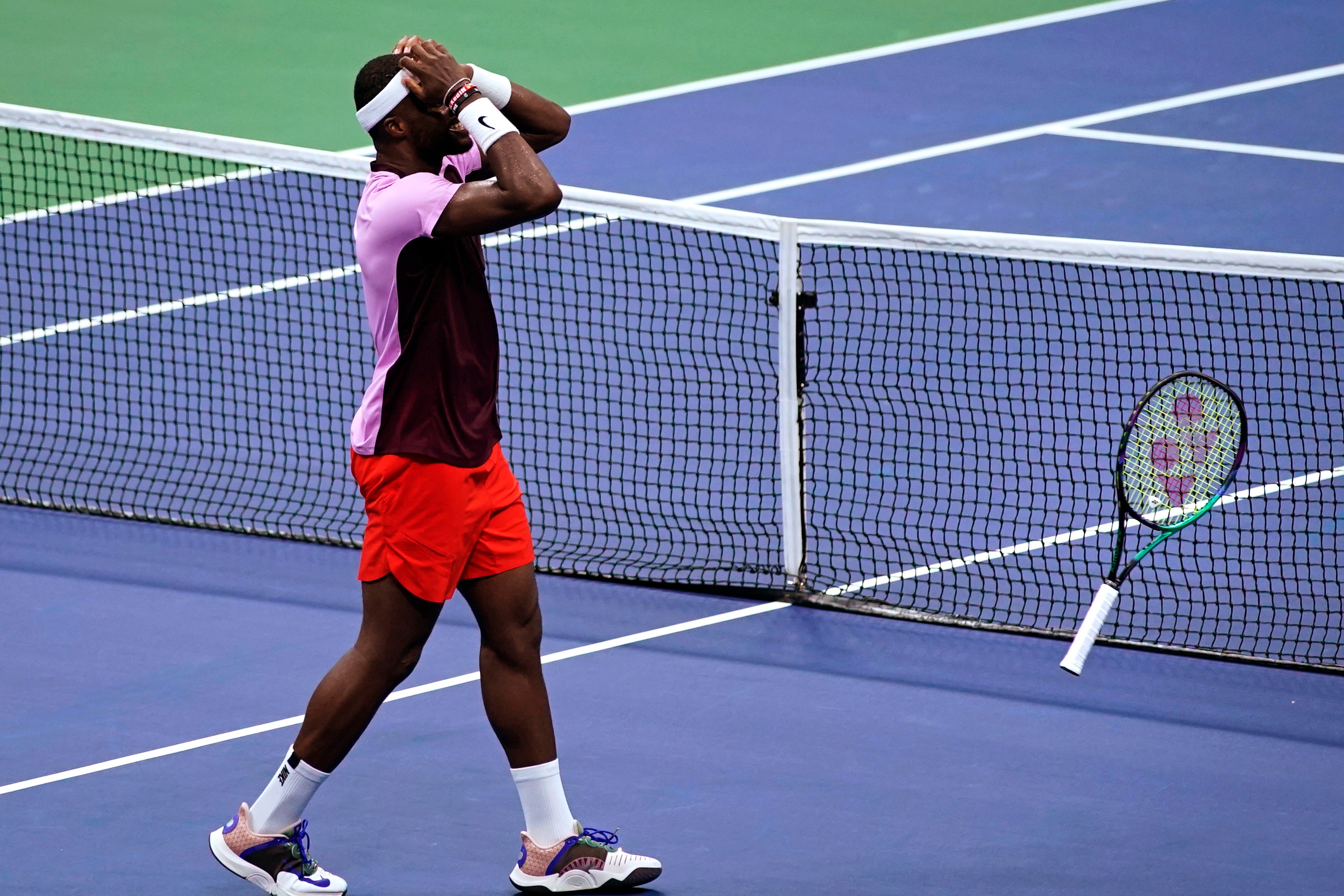 Frances Tiafoe reacts to beating Rafael Nadal (Eduardo Munoz Alvarez/AP)