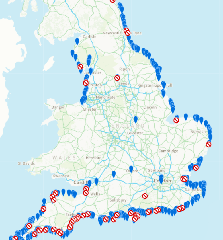 Map showing polluted beaches following heavy rain