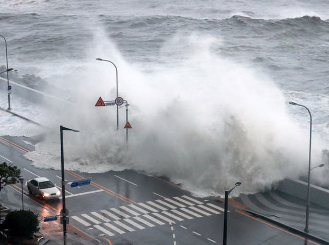 <p>Waves crash along a sea wall in Busan, as Typhoon Hinnamnor hit South Korea’s southern province</p>