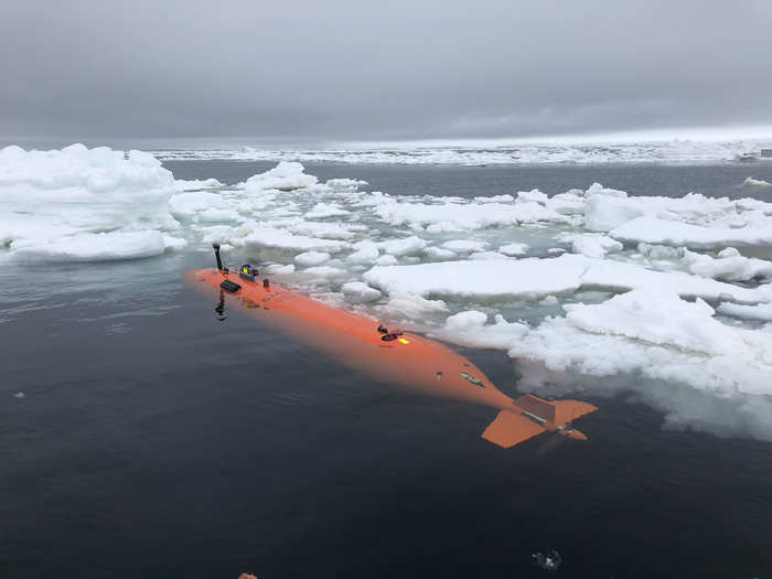 Rán, an autonomous underwater vehicle, among sea ice in front of Thwaites Glacier