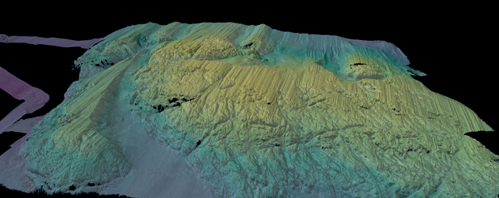 A 3D-rendered view of the multibeam bathymetry (seafloor shape) colored by depth